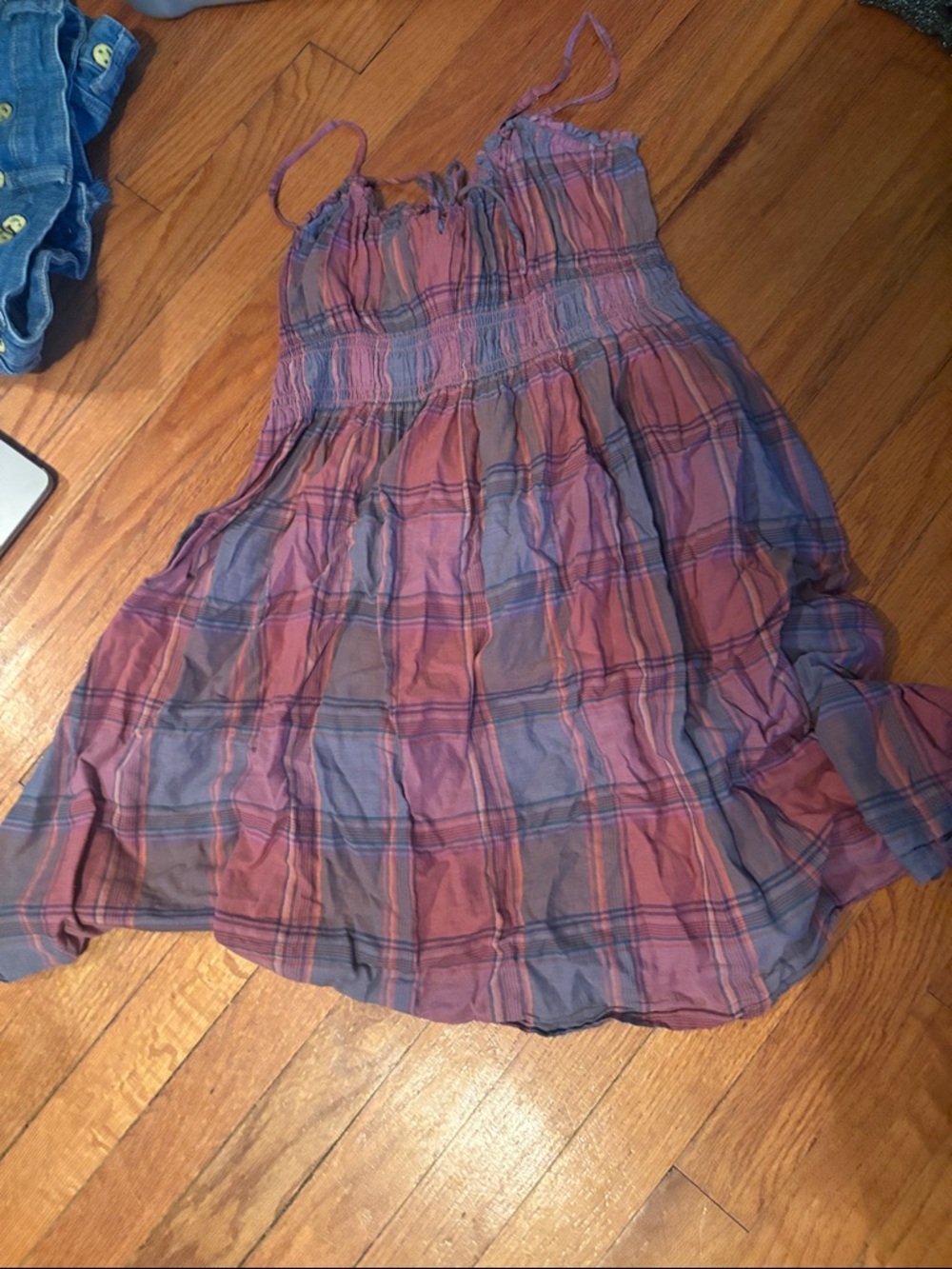 Lucky Brand Plaid Smocked dress in Purple and Pink